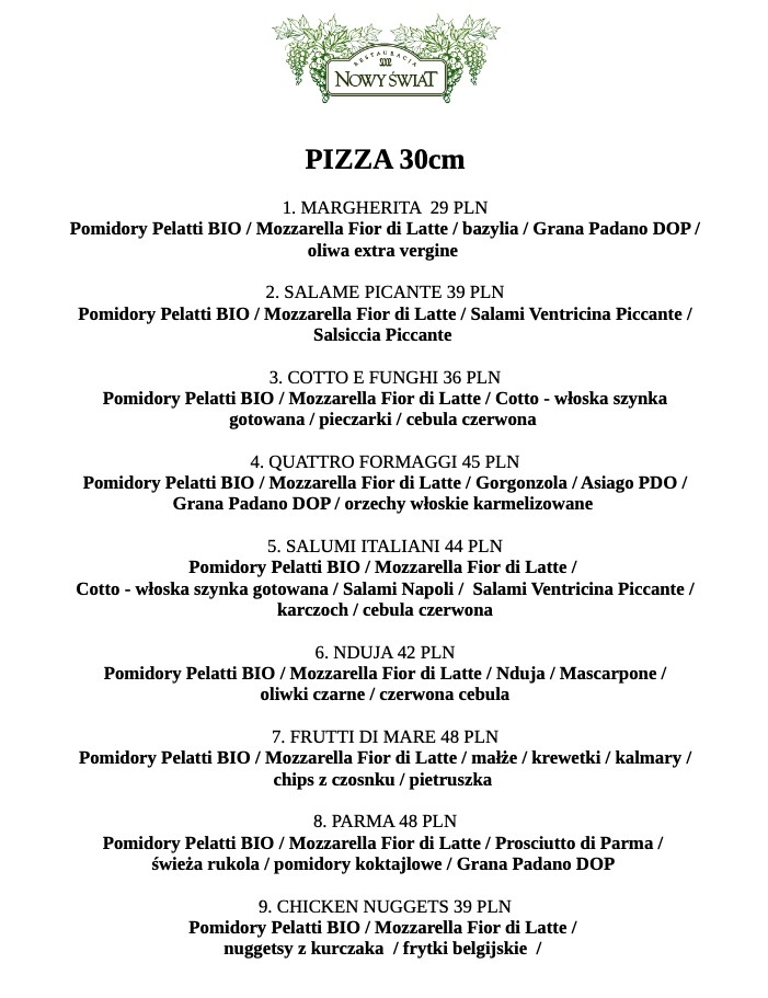 Pizza menu Nowy Świat